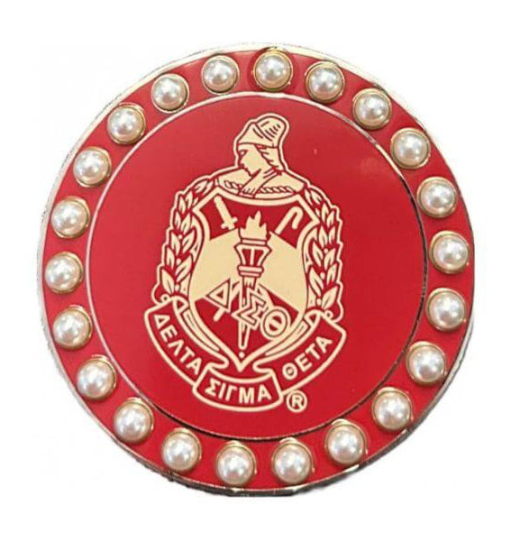 Delta Pins crest featuring 22 pearls in silver tone with crimson and cream, perfect for sorority and fraternity paraphernalia.