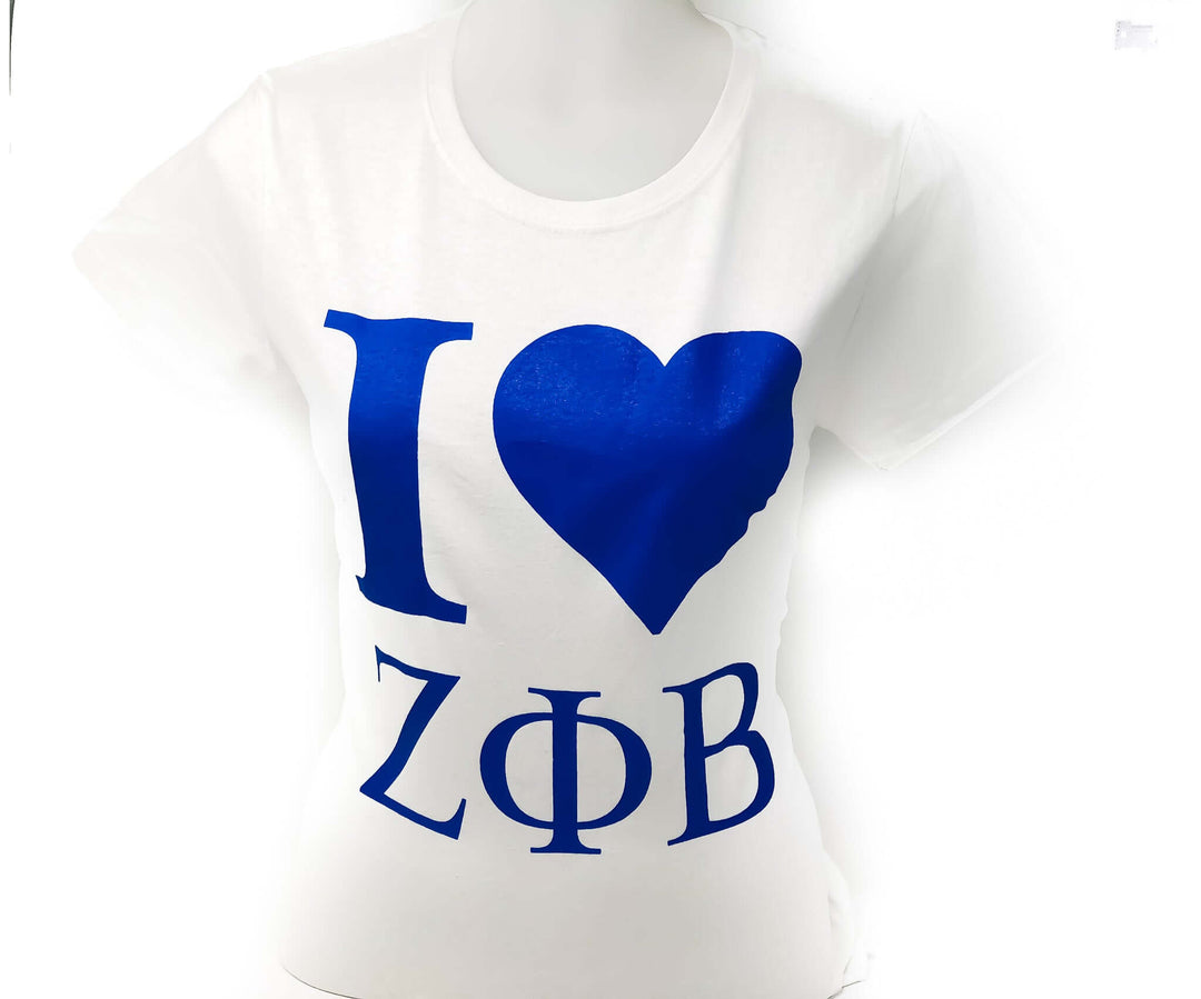 White ladies cut Zeta T-Shirt with "I Heart ZΦB" design, perfect Greek gear for sorority paraphernalia and pride.