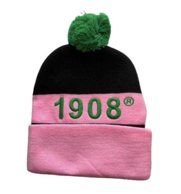 Cozy knit beanie featuring green pom-pom and 1908 logo, perfect for sorority and fraternity Greek gear enthusiasts.