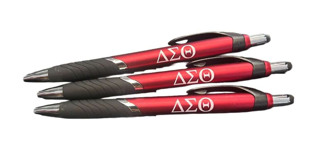 Three red Delta Sigma Theta ink pens, a stylish sorority paraphernalia perfect for Greek gear and everyday writing.