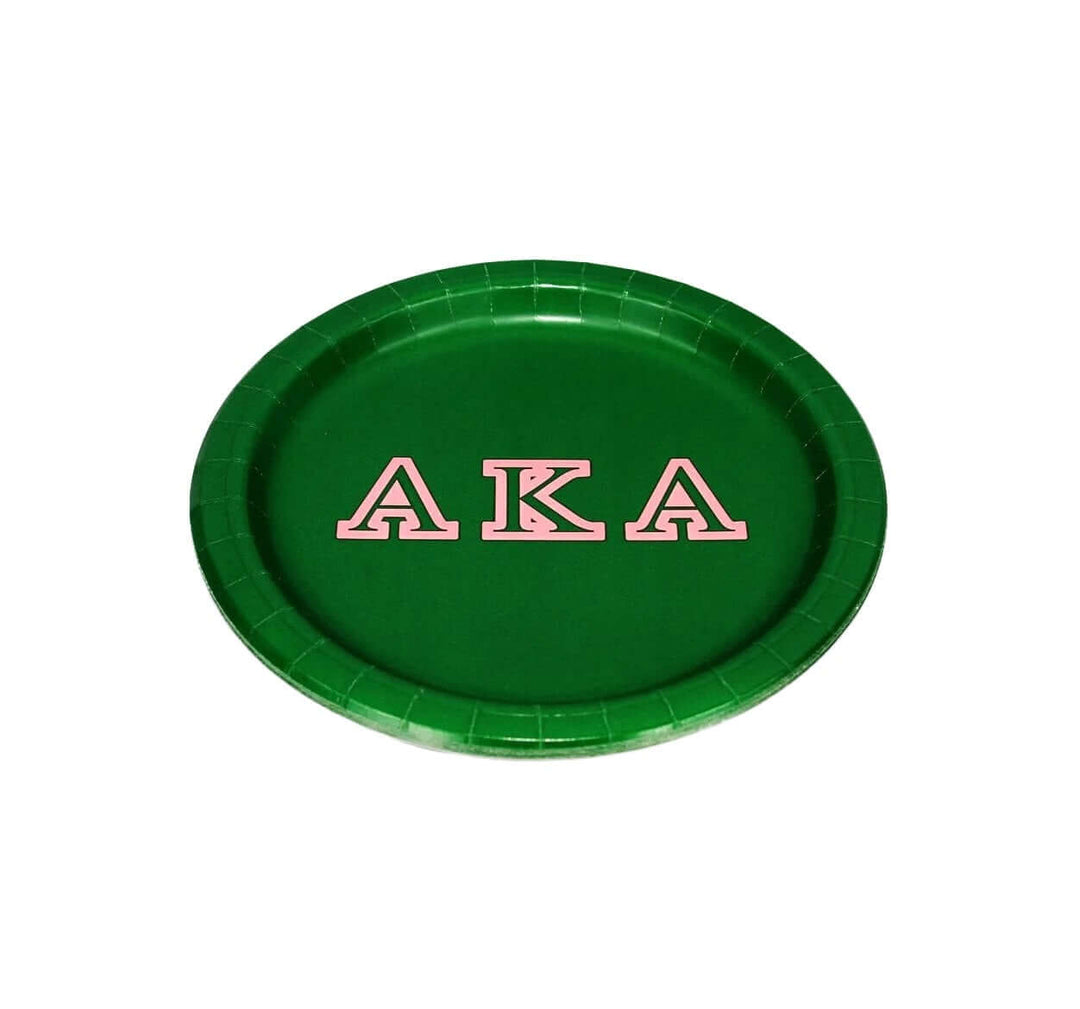 AKA 10-inch green paper plate featuring Greek letters, perfect for sorority and fraternity gatherings.