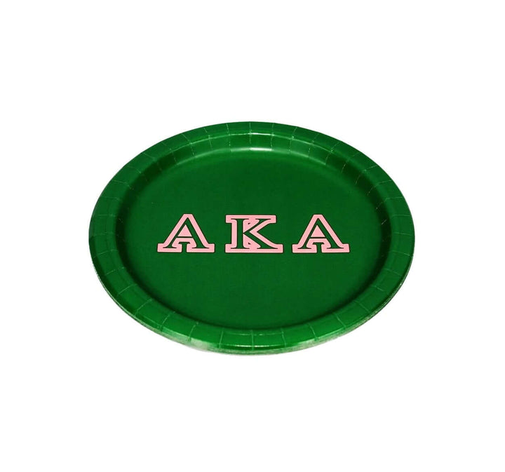 AKA 10-inch green paper plate featuring Greek letters, perfect for sorority and fraternity gatherings.