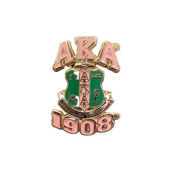 Pink AKA pin with green and gold crest, featuring the year 1908. Perfect for sorority and fraternity paraphernalia and Greek gear.