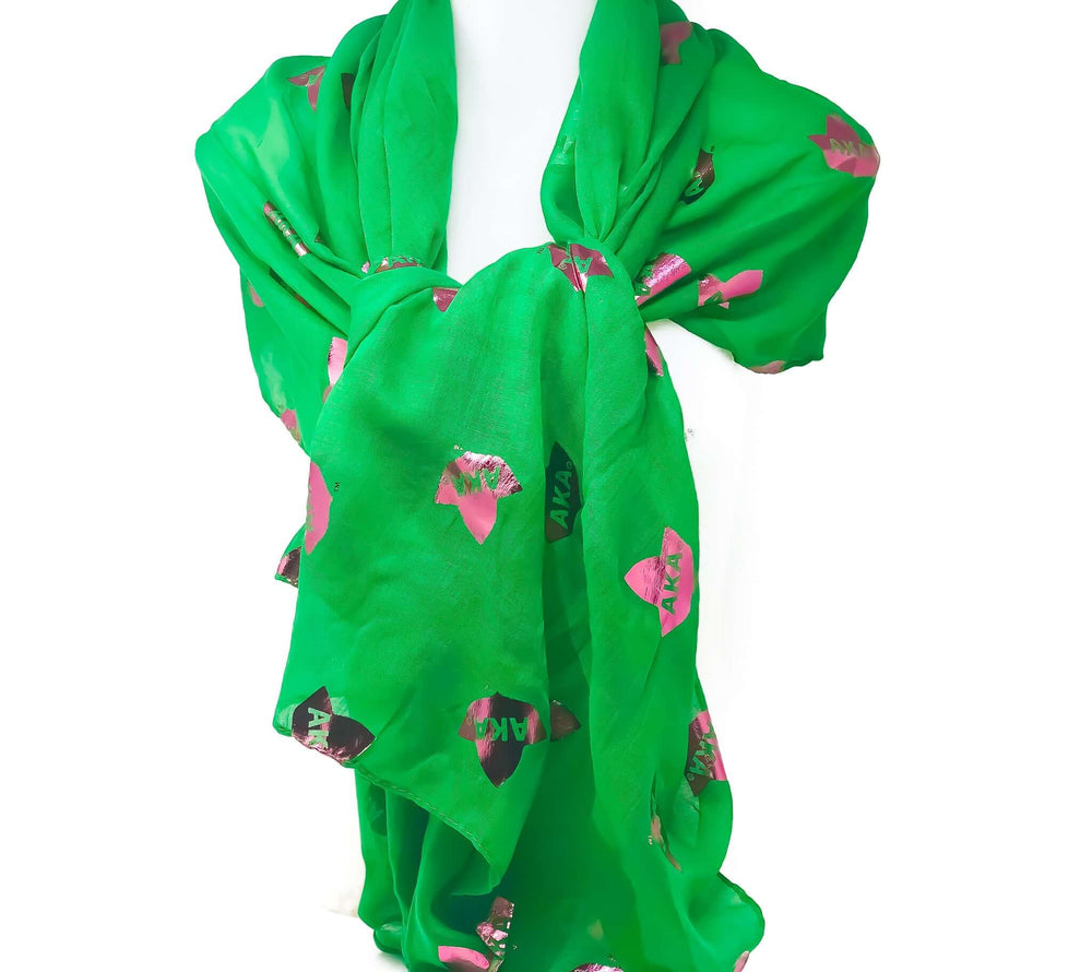 AKA Foil Scarf Wrap in vibrant green with pink accents, perfect for sorority pride and Greek gear fashion.