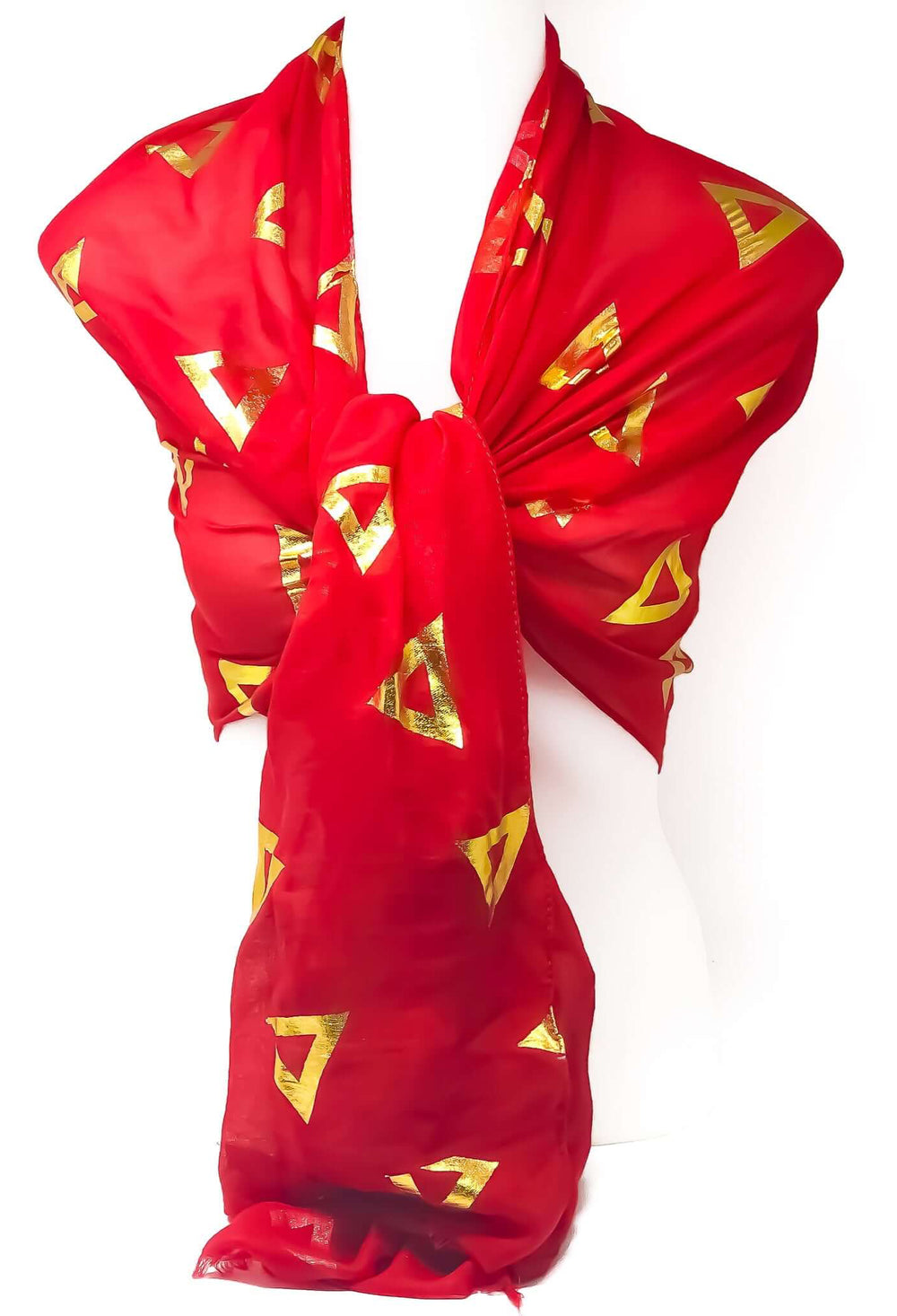 Elegant red scarf with gold foil design, perfect for sorority and fraternity paraphernalia and Greek gear.