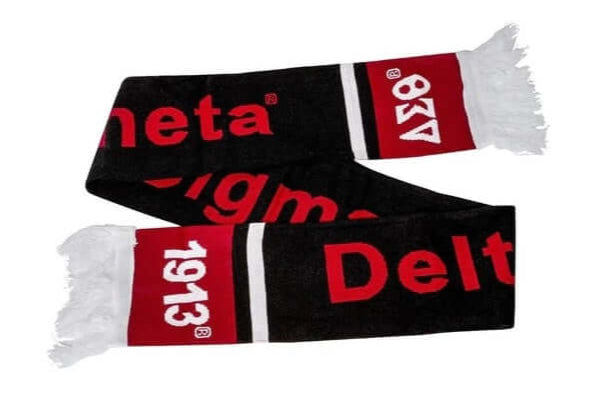 Delta Knit Scarf featuring Delta Sigma Theta symbols in vibrant red and black, perfect for sorority pride and winter warmth.