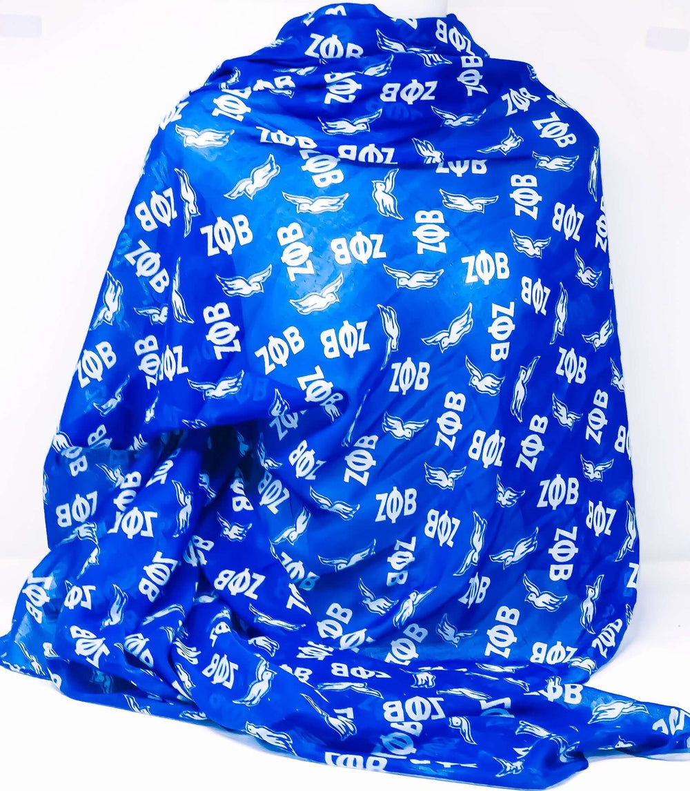 Zeta Scarf in vibrant blue, featuring sorority symbols, perfect Greek gear for showcasing fraternity pride and style.