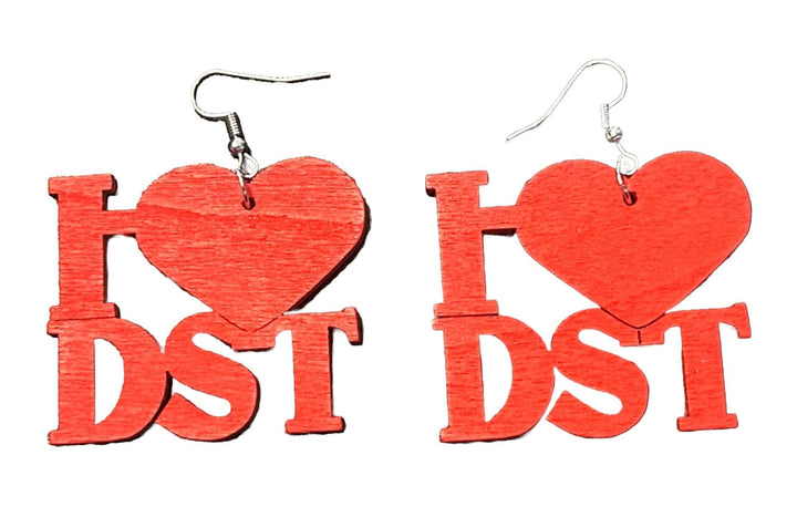 Red "I Love DST" earrings, perfect sorority paraphernalia for showing Greek pride and style in Greek gear.