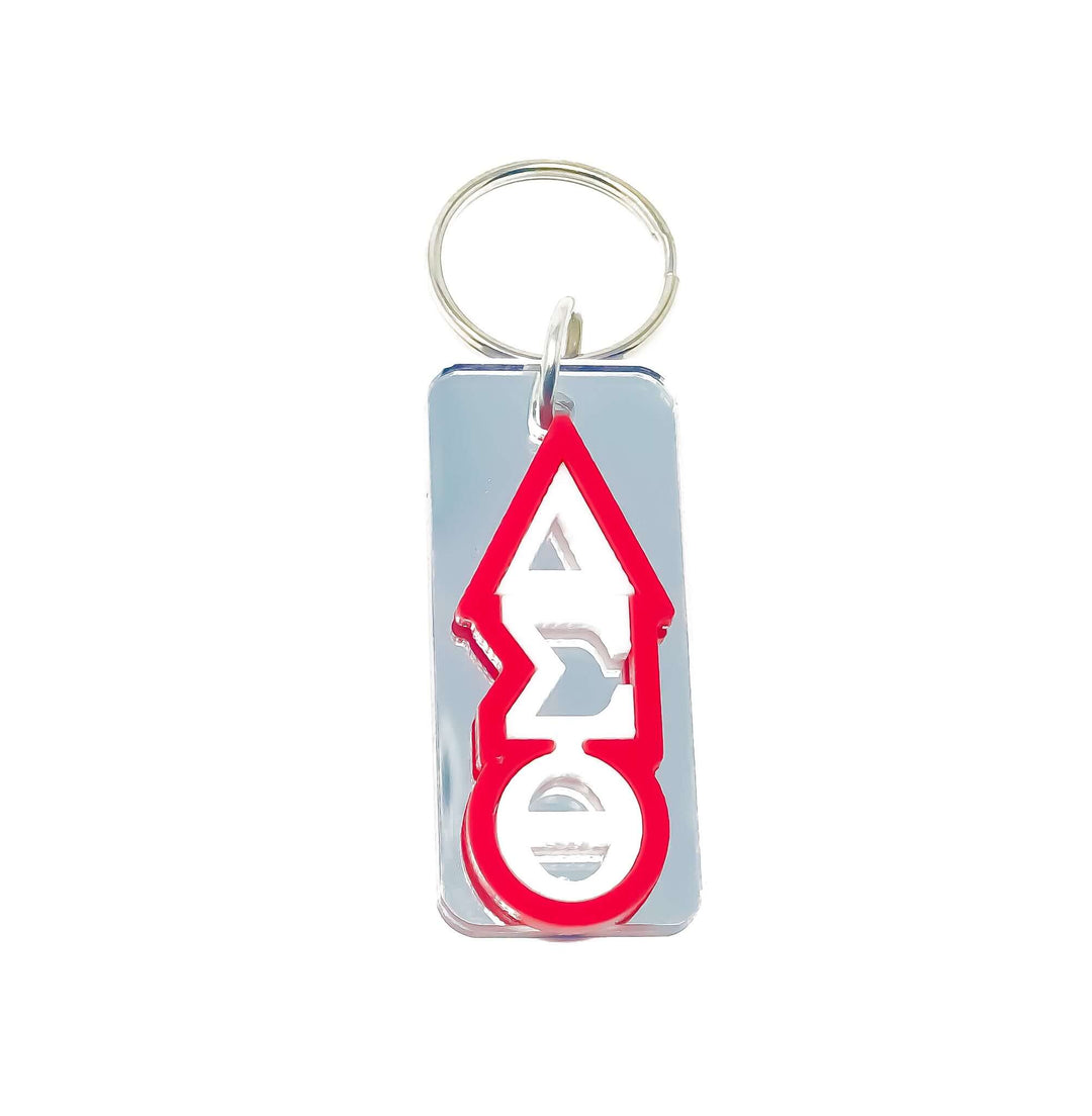 Red and silver keychain featuring Greek letters, perfect for sorority and fraternity paraphernalia and Greek gear.