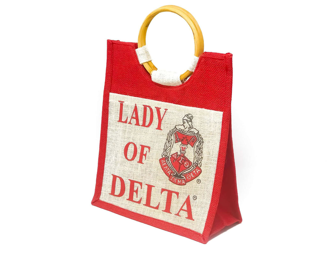 Delta burlap tote bag with wooden handles, perfect for sorority and fraternity paraphernalia, showcasing "Lady of Delta" design.