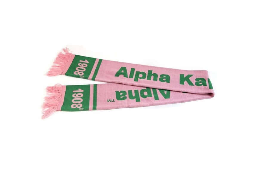 AKA Knit Scarf in pink and green, showcasing sorority pride and perfect for Greek gear enthusiasts.