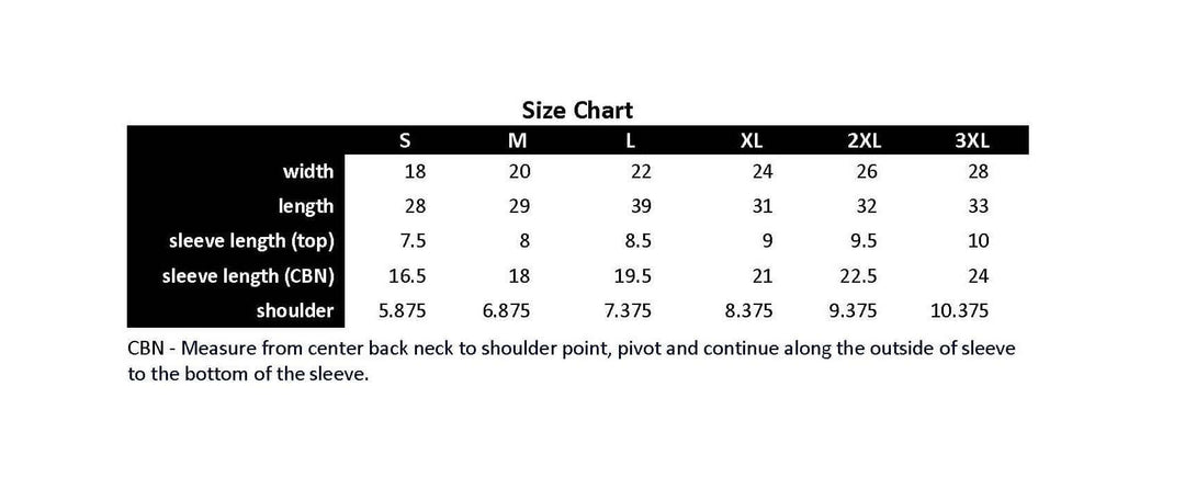 Size chart for unisex green/pink embroidered t-shirt, displaying measurements for S to 3XL in width, length, and sleeve.