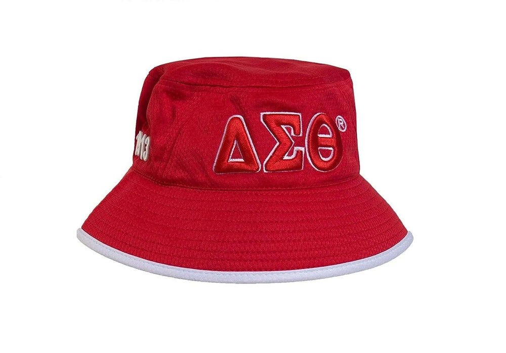 Crimson bucket hat featuring Greek letters, perfect for sorority and fraternity paraphernalia and Greek gear.