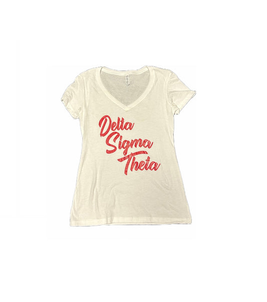 Delta T- Shirt - Delta Sigma Theta White T-Shirt with Red Screen Print, V-Neck, Ladies Cut