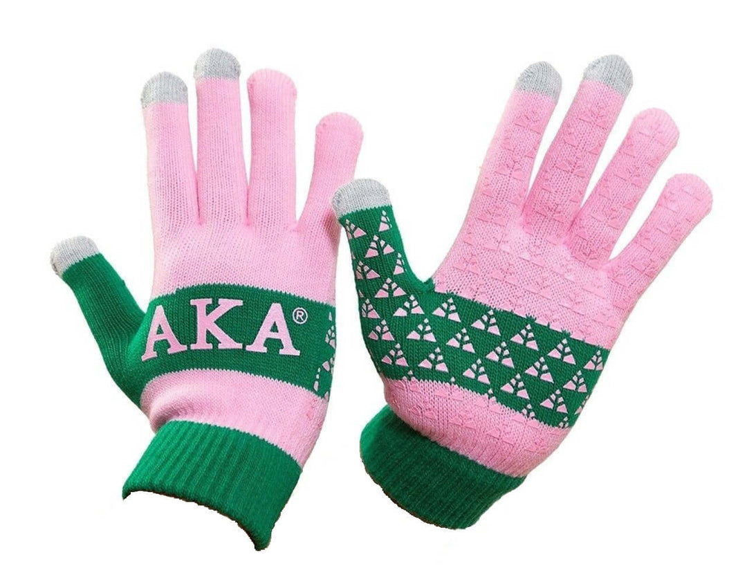 AKA Knit Texting Gloves in pink and green, perfect sorority paraphernalia for staying warm and connected on the go.