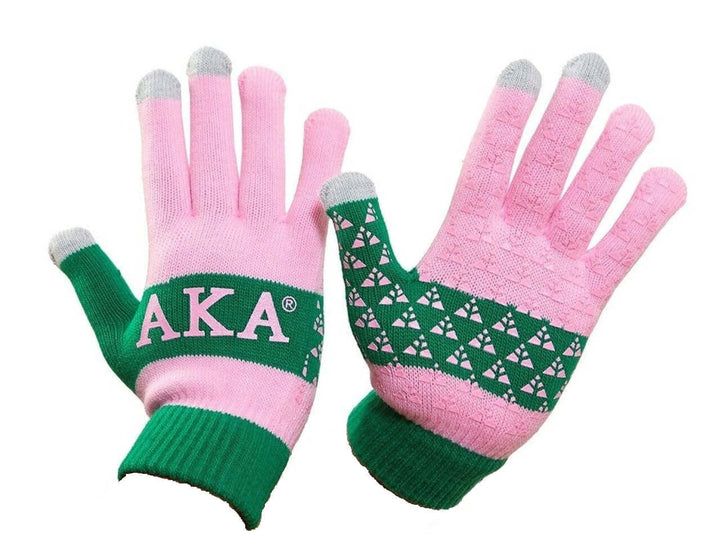 AKA Knit Texting Gloves in pink and green, perfect sorority paraphernalia for staying warm and connected on the go.