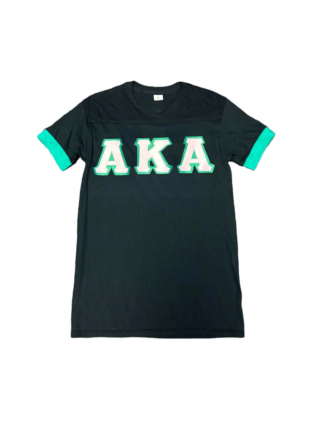 AKA Classic Symbol Embroidered T-Shirt with Green Trim, perfect for sorority and fraternity enthusiasts.