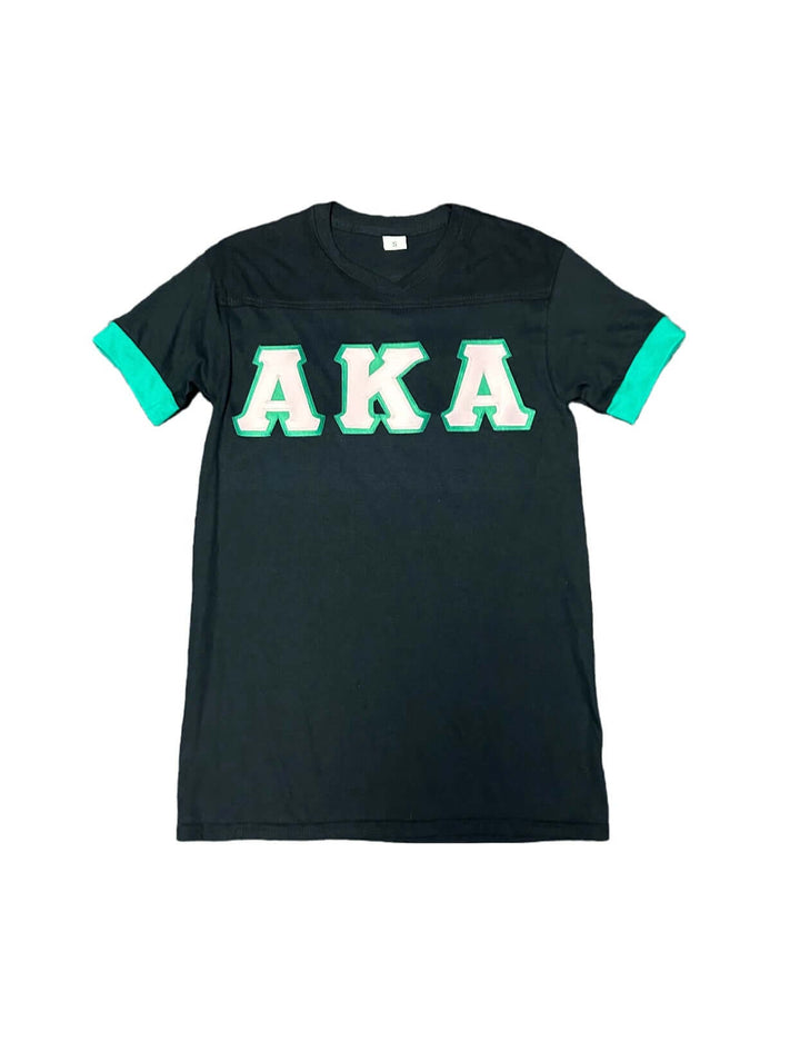 AKA Classic Symbol Embroidered T-Shirt with Green Trim, perfect for sorority and fraternity enthusiasts.
