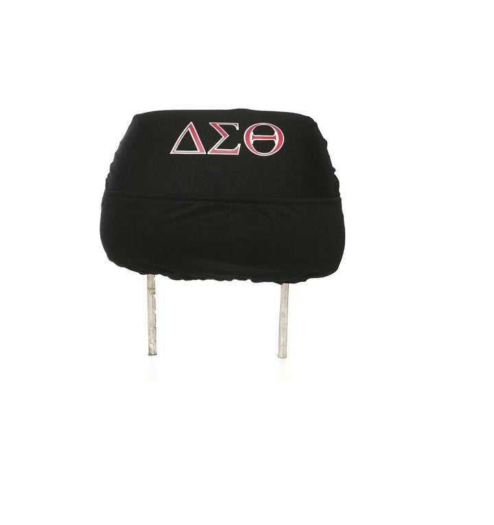 Durable Delta car seat headrest cover with Greek letters, perfect for sorority and fraternity paraphernalia and Greek gear.