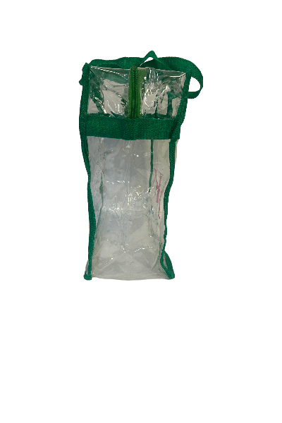 Clear vinyl stadium bag with green handles, compliant with NFL security policies, ideal for sorority and fraternity paraphernalia.