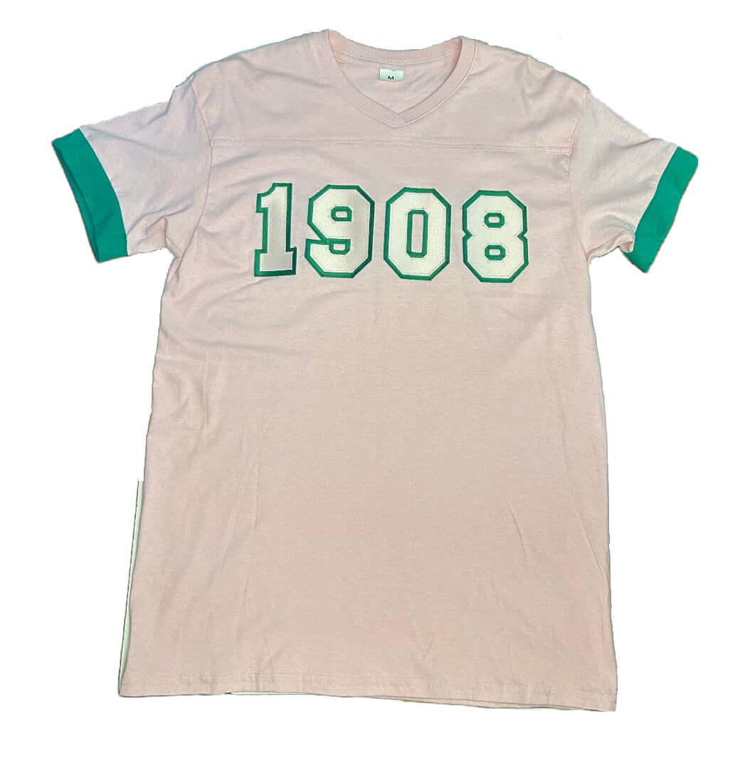 Classic 1908 embroidered pink t-shirt with green trim, ideal sorority and fraternity Greek gear.
