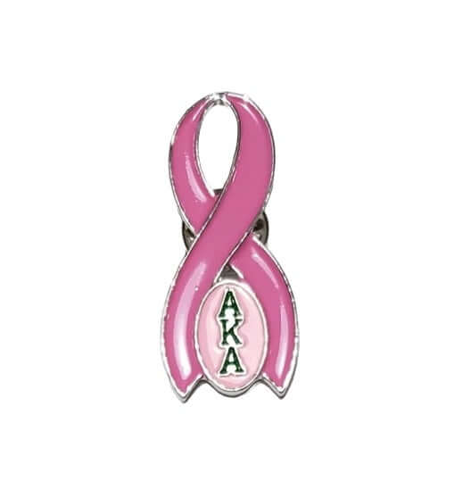 AKA Breast Cancer Awareness pin featuring a pink ribbon and green letters, perfect for sorority and Greek gear.
