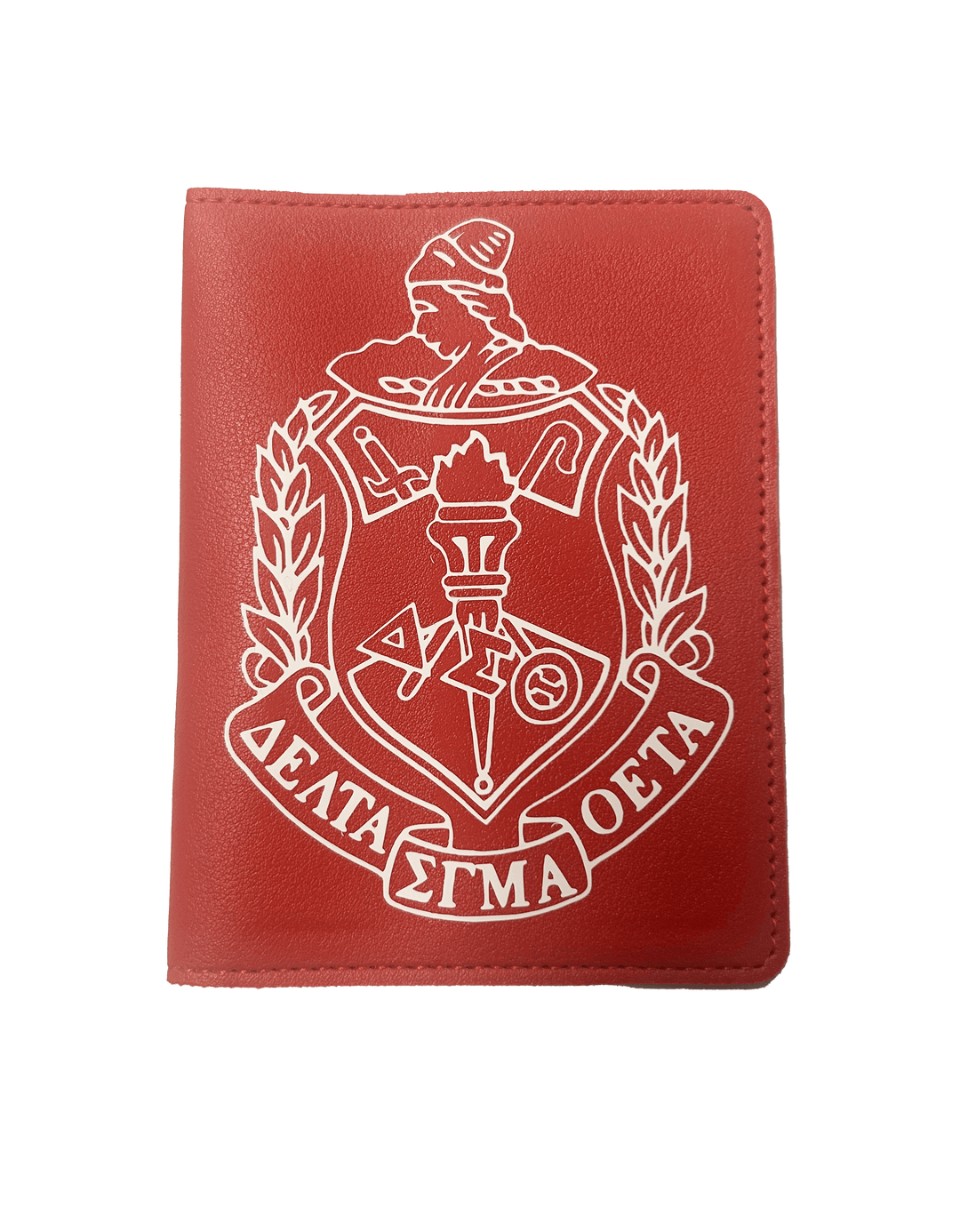 Delta Passport Cover in red, featuring Greek letters and emblem, perfect for sorority and fraternity paraphernalia.