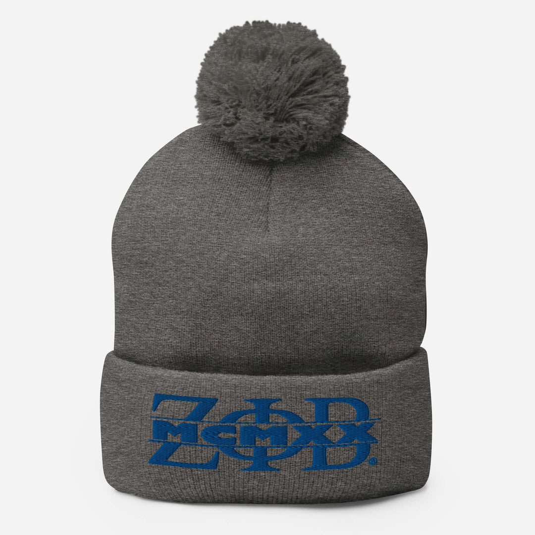 Zeta Phi Beta pom-pom beanie in gray with blue embroidery, perfect for sorority apparel and Greek gear.