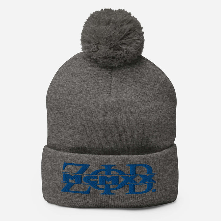 Zeta Phi Beta pom-pom beanie in gray with blue embroidery, perfect for sorority apparel and Greek gear.