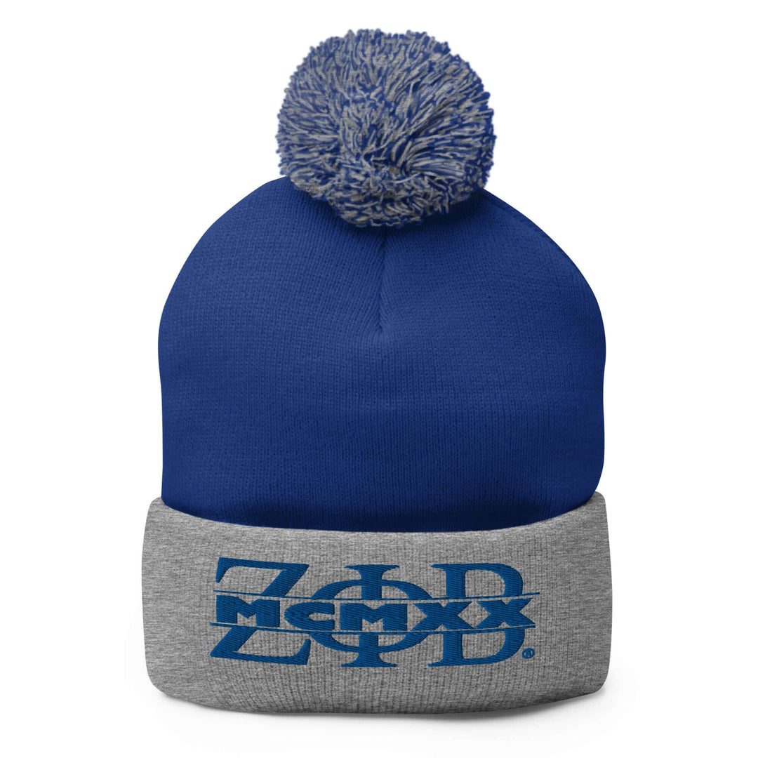 Zeta Phi Beta pom-pom beanie in blue and gray, embroidered design, perfect sorority paraphernalia and Greek gear.