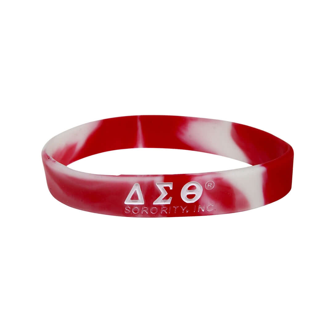 Delta Silicone Bracelet in red and white for sorority and fraternity paraphernalia, perfect Greek gear accessory.