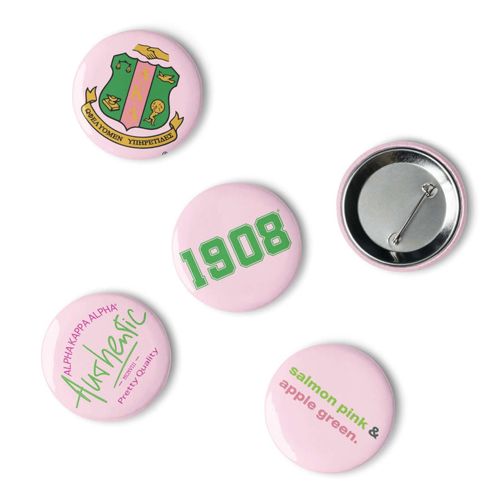AKA Pink Pin Button Set featuring 5 glossy pins with unique designs, perfect for sorority and fraternity paraphernalia.