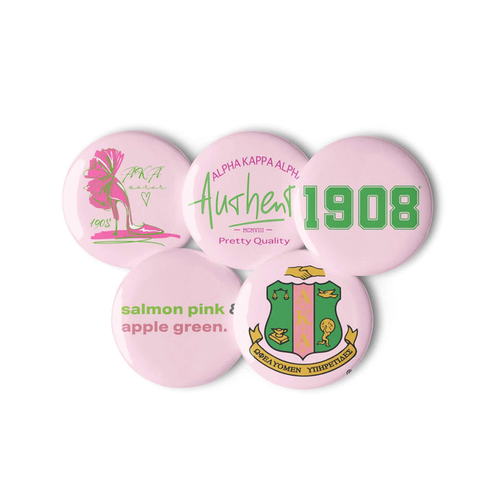 AKA Pink Pin Button Set featuring sorority symbols, colors, and designs, perfect for fraternity paraphernalia and Greek gear.