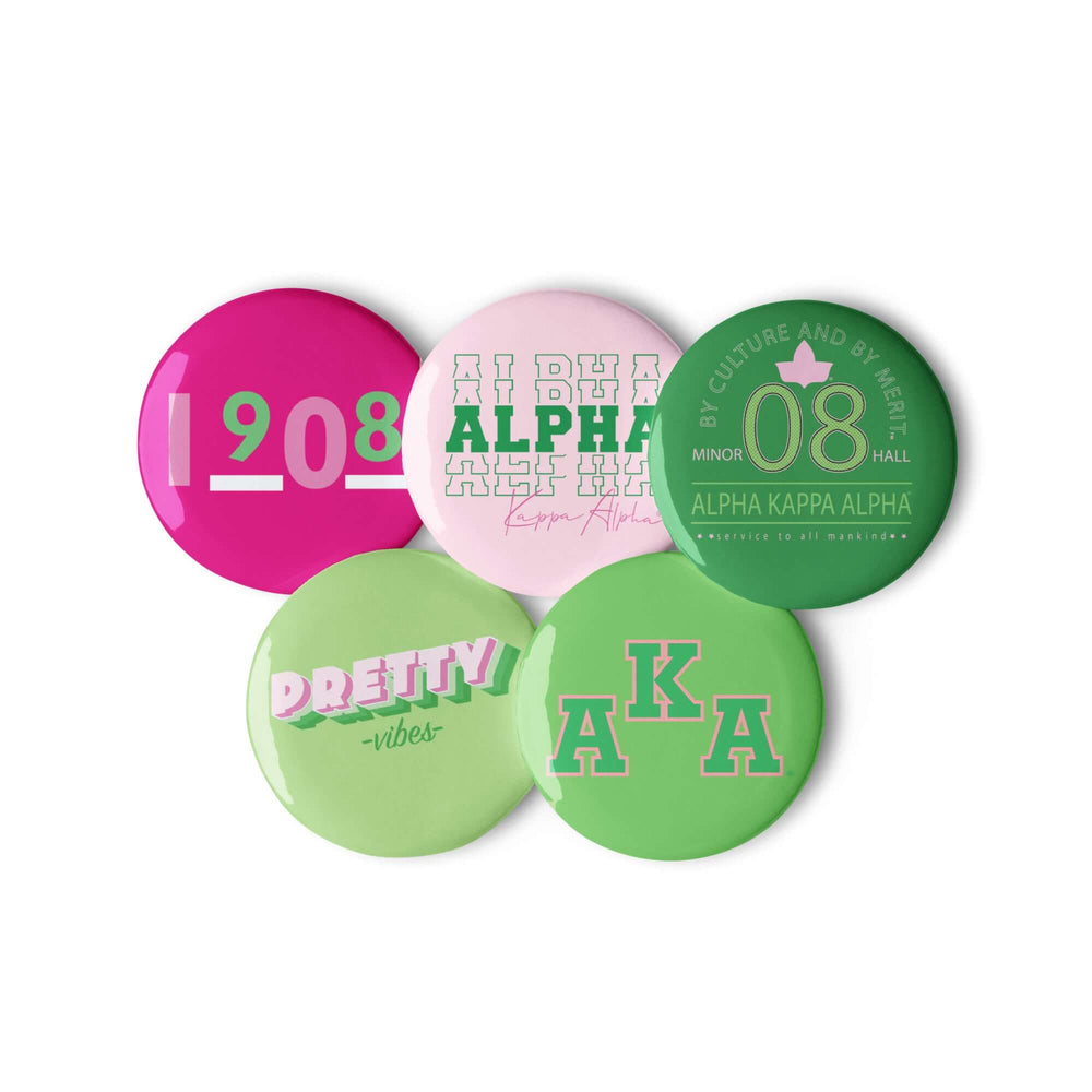 AKA Pretty Vibes Pin Set featuring colorful buttons with Alpha Kappa Alpha designs, perfect for sorority events and Greek gear.