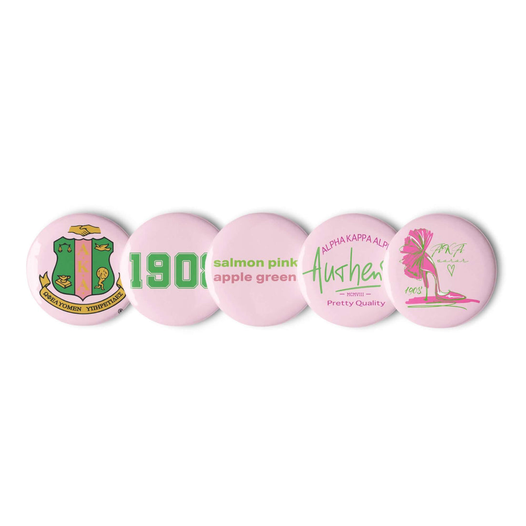 AKA Pink Pin Button Set featuring colorful designs, perfect for sorority and fraternity paraphernalia and Greek gear.