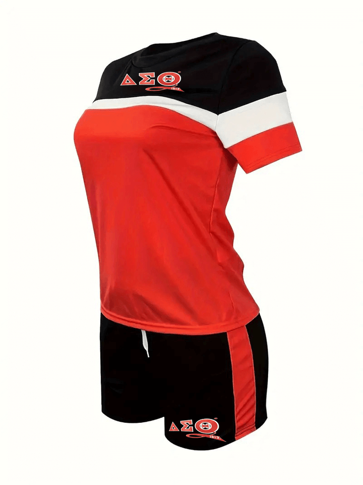 Delta Sigma Theta color block short set, stylish sorority apparel, perfect for Greek gear and fraternity paraphernalia.