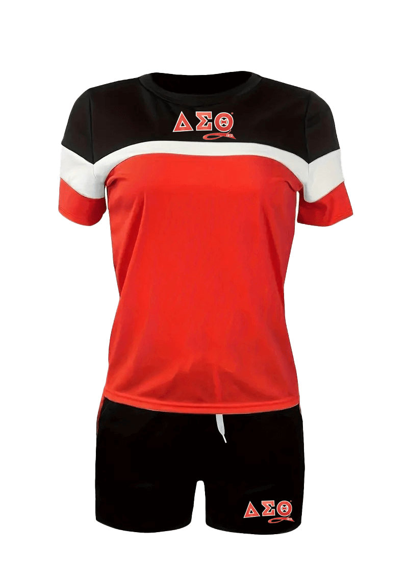 Delta Sigma Theta color block short set, trendy sorority apparel for comfort and style at events and casual outings.