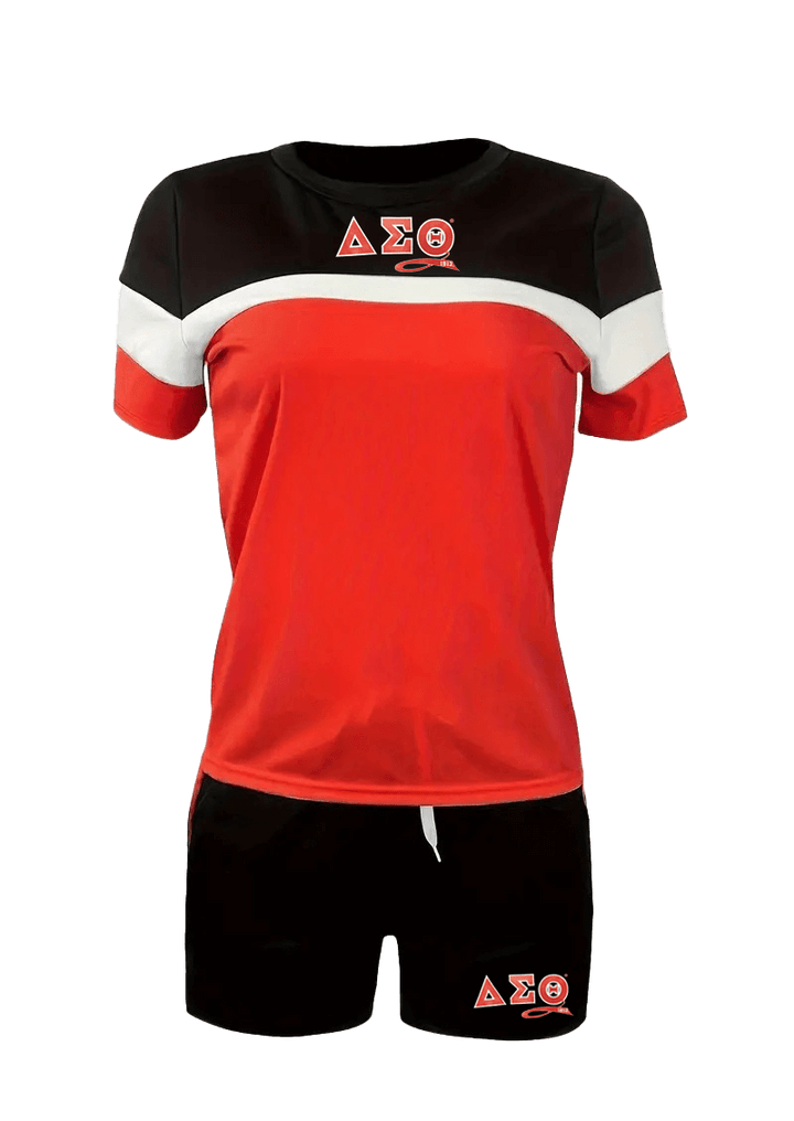 Delta Sigma Theta color block short set, trendy sorority apparel for comfort and style at events and casual outings.