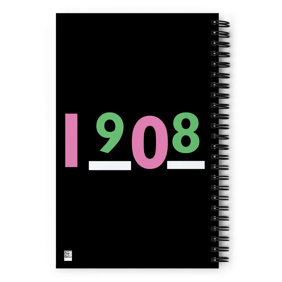 AKA Historically Black spiral notebook featuring bold "1908" design, perfect for Greek gear and fraternity/sorority paraphernalia.
