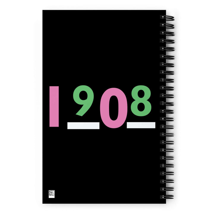 AKA Historically Black spiral notebook featuring bold "1908" design, perfect for Greek gear and fraternity/sorority paraphernalia.