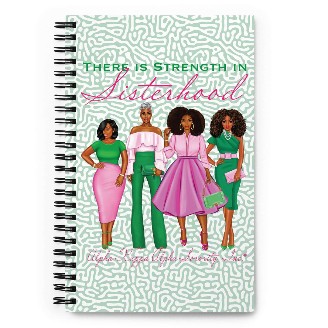 AKA Strength in Sisterhood spiral notebook featuring stylish illustrations, perfect for sorority and fraternity paraphernalia.