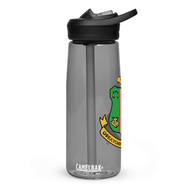 AKA Crest Sports water bottle in gray with fraternity logo, ideal for hydration and Greek gear enthusiasts.
