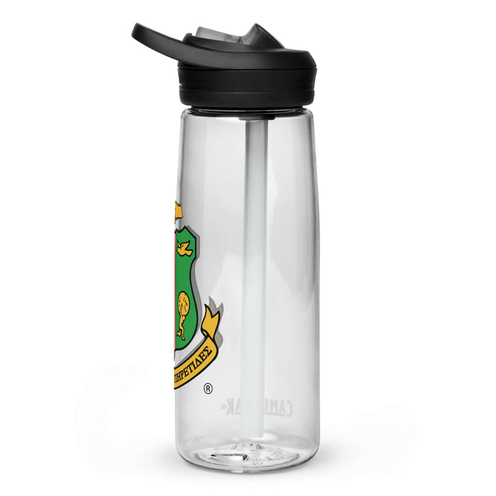 AKA Crest Sports water bottle for sorority and fraternity greek gear, made from recycled plastic, spill-proof and BPA-free.