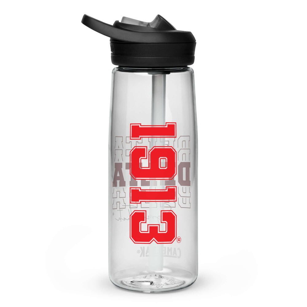 Delta Echo sports water bottle, 25 oz, BPA-free, personalized sorority gear, stain and shatter resistant design.