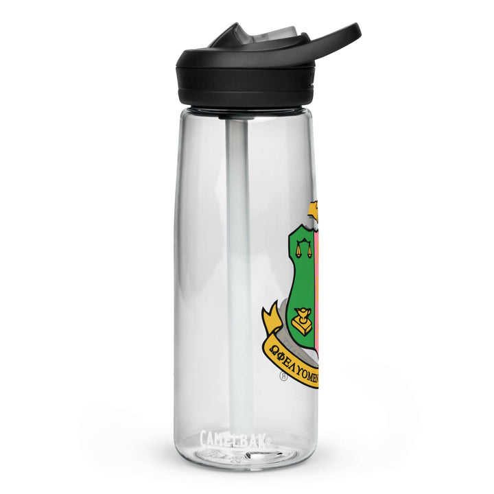 Customized AKA Crest sports water bottle featuring a vibrant Greek design, perfect for fraternity and sorority paraphernalia.