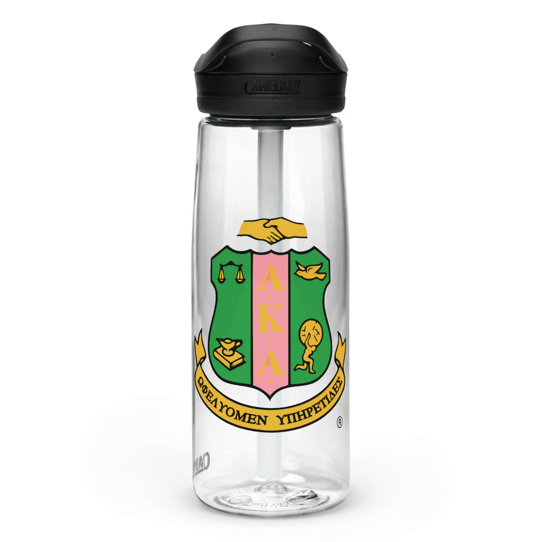 AKA Crest Sports water bottle for sorority and fraternity paraphernalia, BPA-free and recycled materials, spill-proof design.
