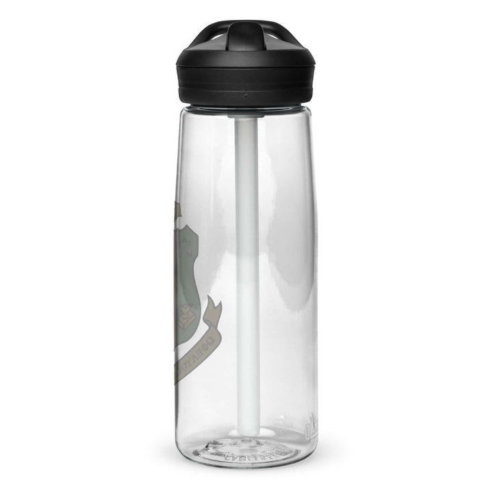 AKA Crest sports water bottle for sorority and fraternity, made from 50% recycled plastic, 25 oz, BPA-free, spill-proof design.