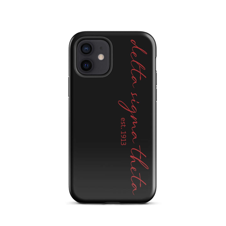 Delta Sigma Theta black script iPhone tough case, stylish sorority paraphernalia for Greek gear enthusiasts.