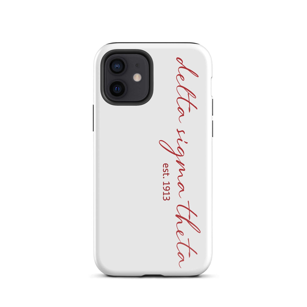 Delta Sigma Theta white script tough case for iPhone®, stylish sorority paraphernalia for Greek gear enthusiasts.