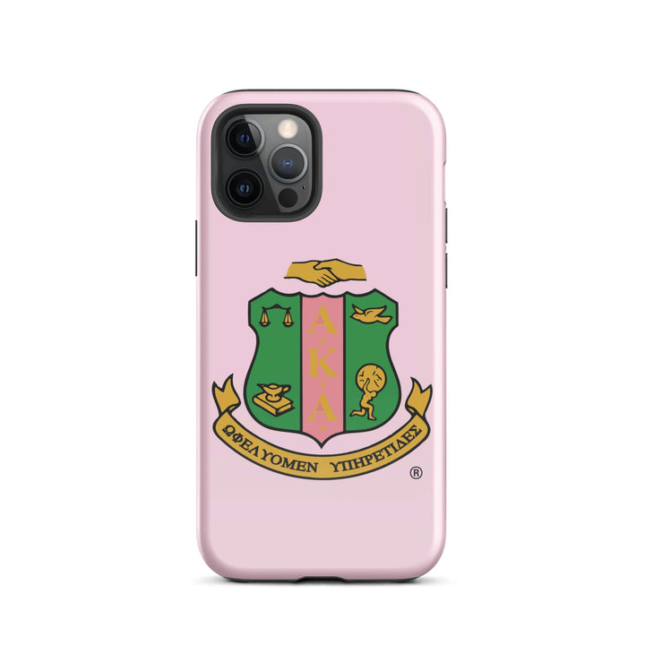 AKA Crest Tough Case for iPhone® in pink, featuring Greek letters and emblem for sorority and fraternity paraphernalia.